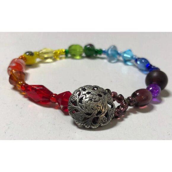 Rainbow Bracelet Artisan Colorful Beads Round Toggle Clasp 7" Original OOAK - Picture 2 of 9